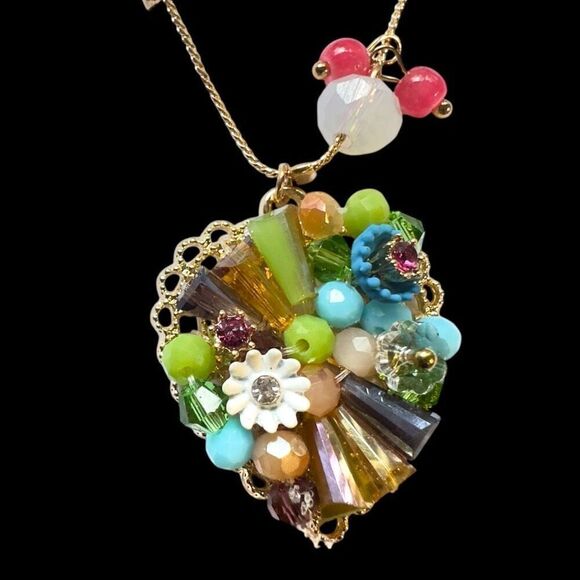 BETSY JOHNSON Jewelry Gold Pjnk Blue Green Sequin Rhinestone Heart Embellished F - Picture 9 of 11
